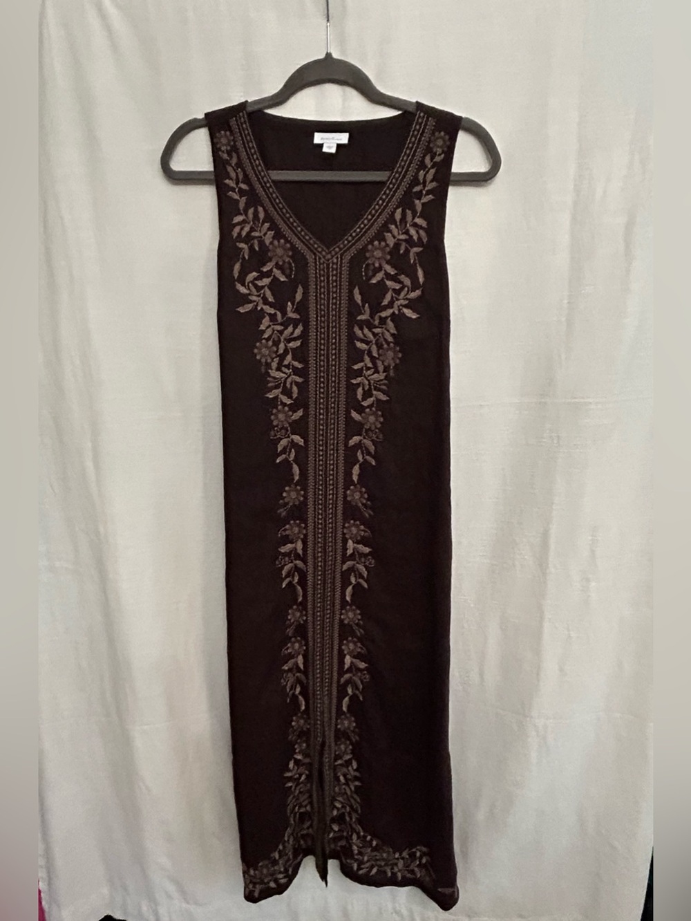 J. Jill 100% Linen Brown Sleeveless V-Neck Embroidered Maxi Dress